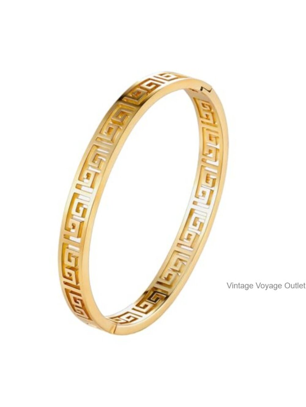 Stainless Steel Greek Key Meander Bangle Bracelet Oval Hinged Cuff Gift